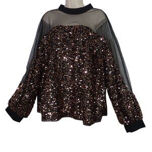 Shein Curve Black Sequin Sheer Mesh Blouse Long Sleeve 3XL US 18 Keyhole Back